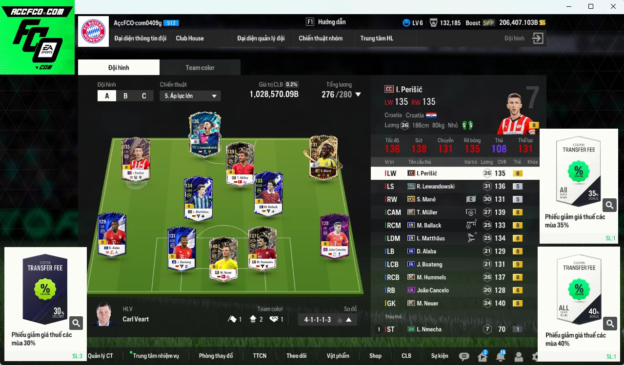 [Dư nhiều BP] Bayern Munich 1.028.570b dư 206.000b có Muller DC, Lewandowski 25TS, Neuer DC, Perisic CC, Ballack LN, Hummel DC, Matthaus LN, Mané DCB...